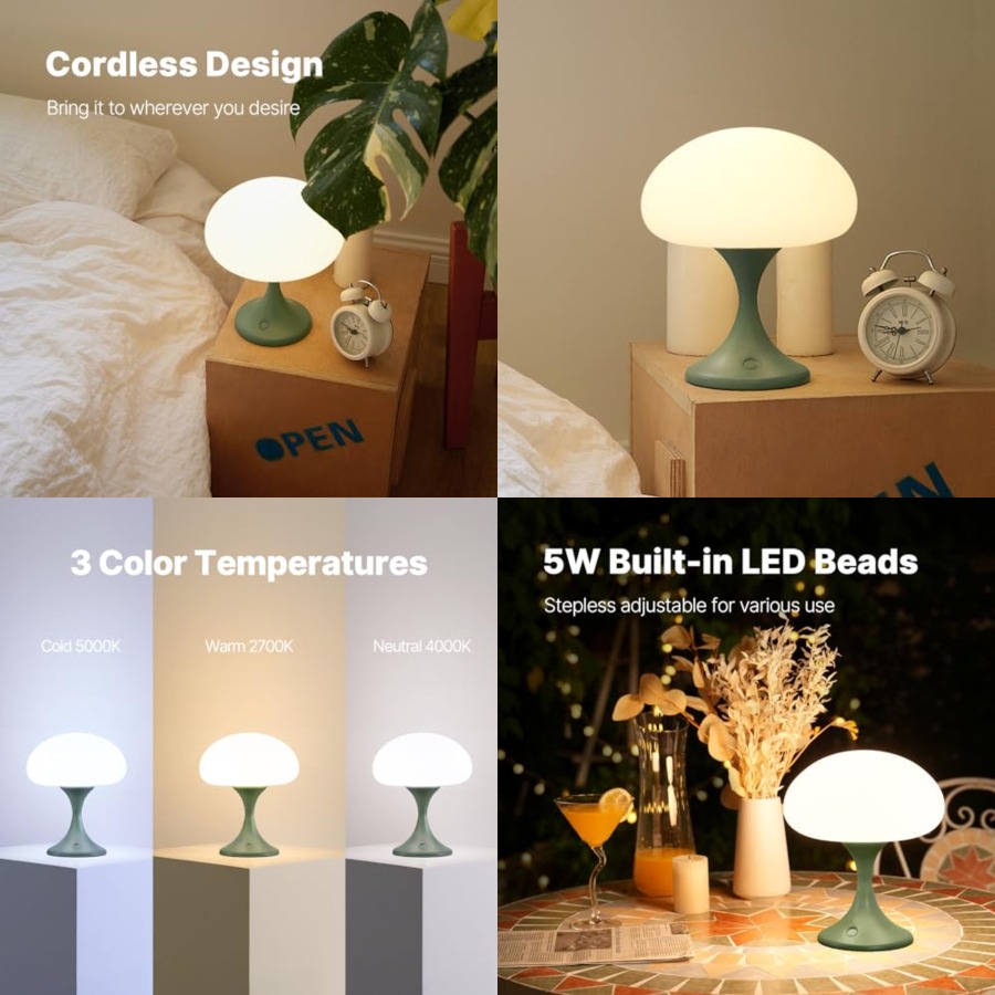 Mushroom Table Lamp - Mushroom Lamp, 5W LED Cordless Rechargeable